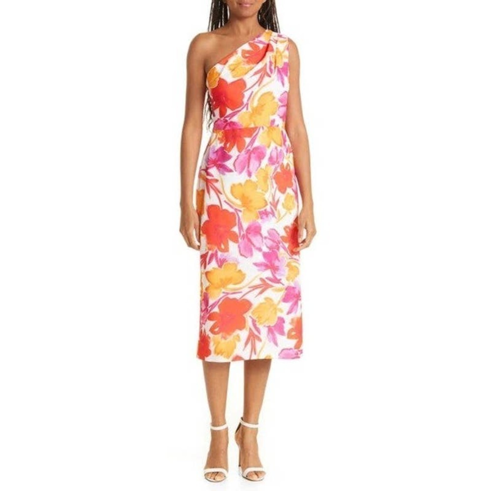 Milly Floral Elin Paper Peony One-shoulder Cocktail Midi Dress Size 8 NWOT